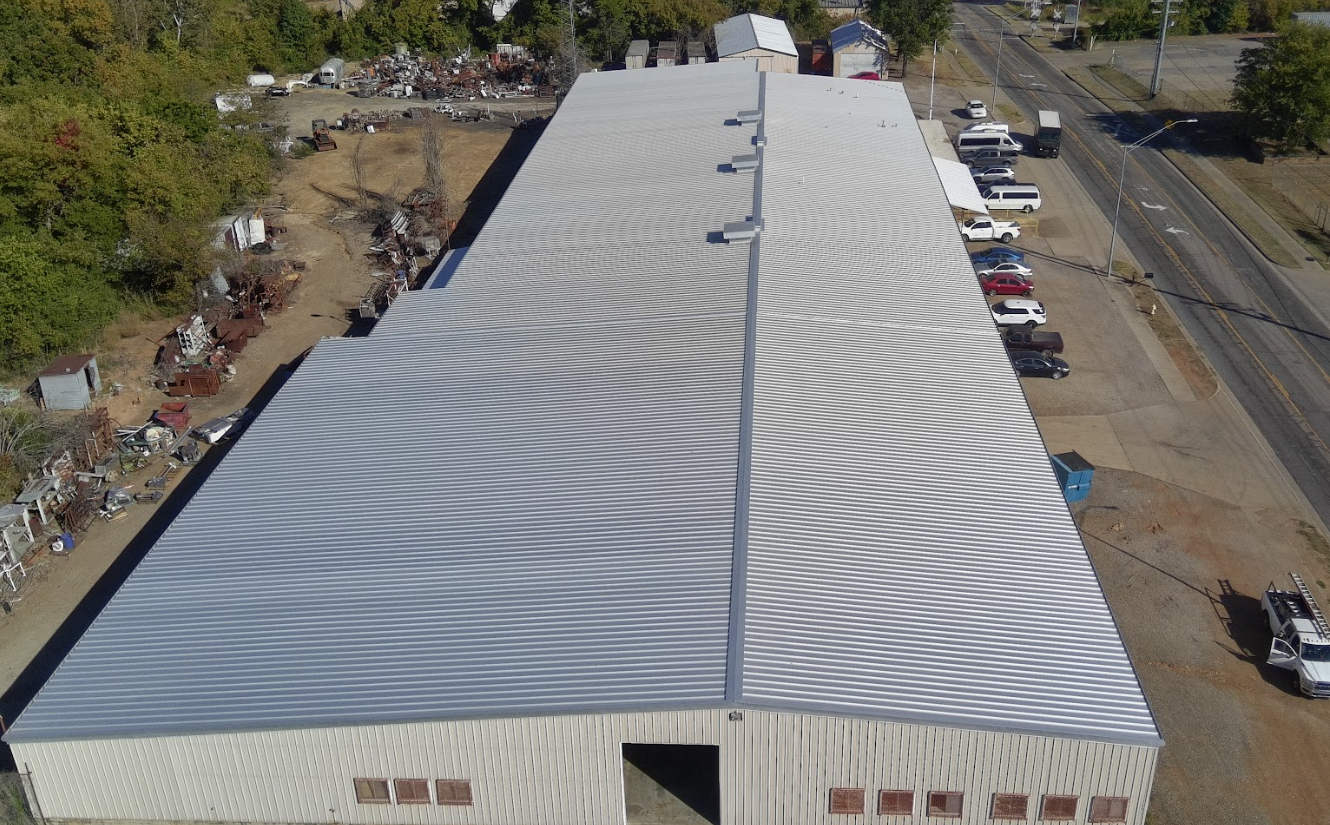 Metal roofing installation aerial view