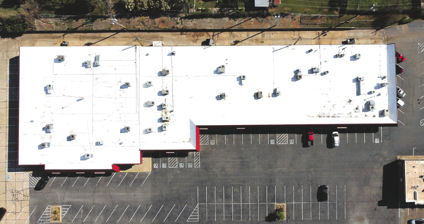 Single-ply flat roof aerial view